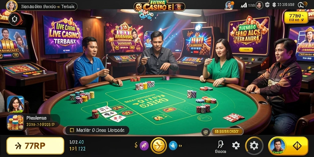Screenshot gameplay <strong>77RP</strong> menampilkan dealer profesional dan interaksi real-time.