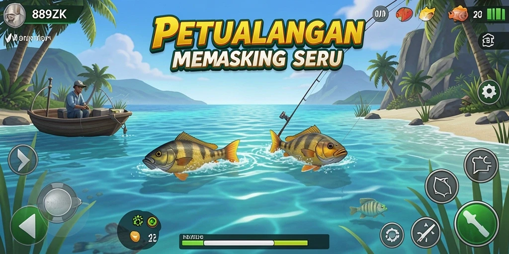 Screenshot gameplay 889ZK dengan pemandangan memancing yang indah.