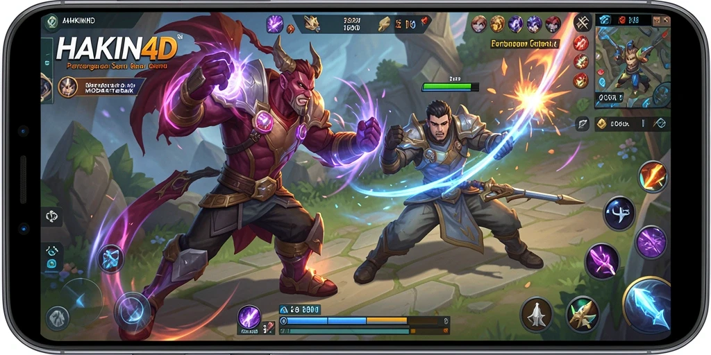 Screenshot utama HAKIN4D menampilkan aksi seru di arena pertarungan MOBA.