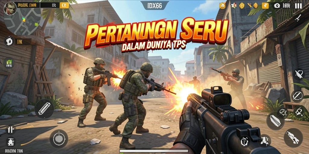 Screenshot gameplay seru <strong>IDX66</strong>, menunjukkan aksi pertempuran di arena TPS.