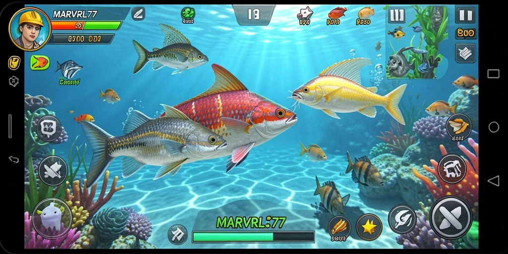 Screenshot gameplay MARVRL77 menampilkan aksi seru menembak ikan.