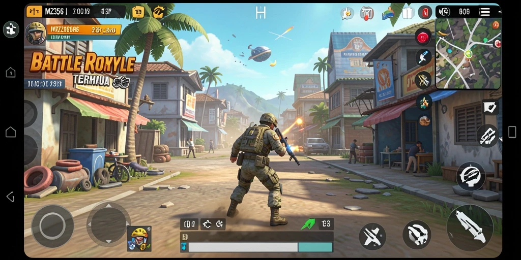 Screenshot game MZ356 menampilkan aksi Battle Royale seru.