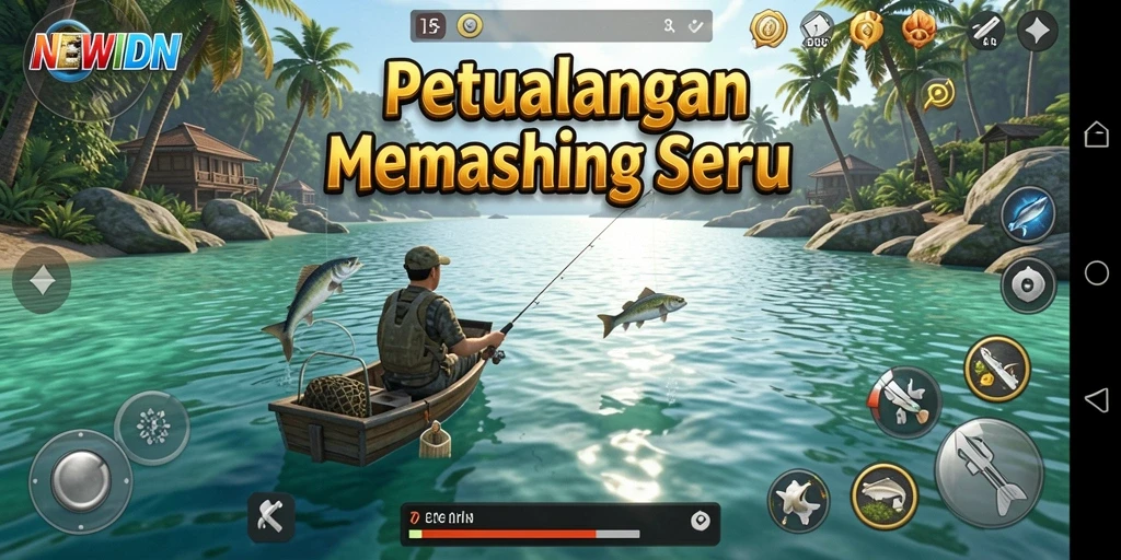 Screenshot gameplay NEWIDN menampilkan aksi memancing yang mendebarkan.