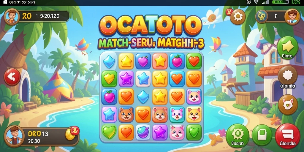 Screenshot menunjukkan gameplay seru OCATOTO dengan kombinasi permata Match-3.