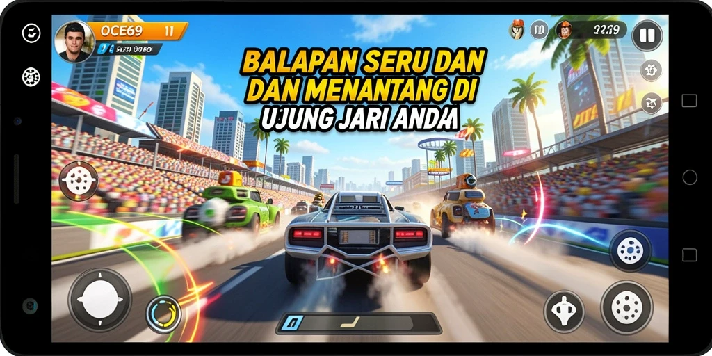 Screenshot utama OCE69 yang menampilkan aksi balapan yang seru.