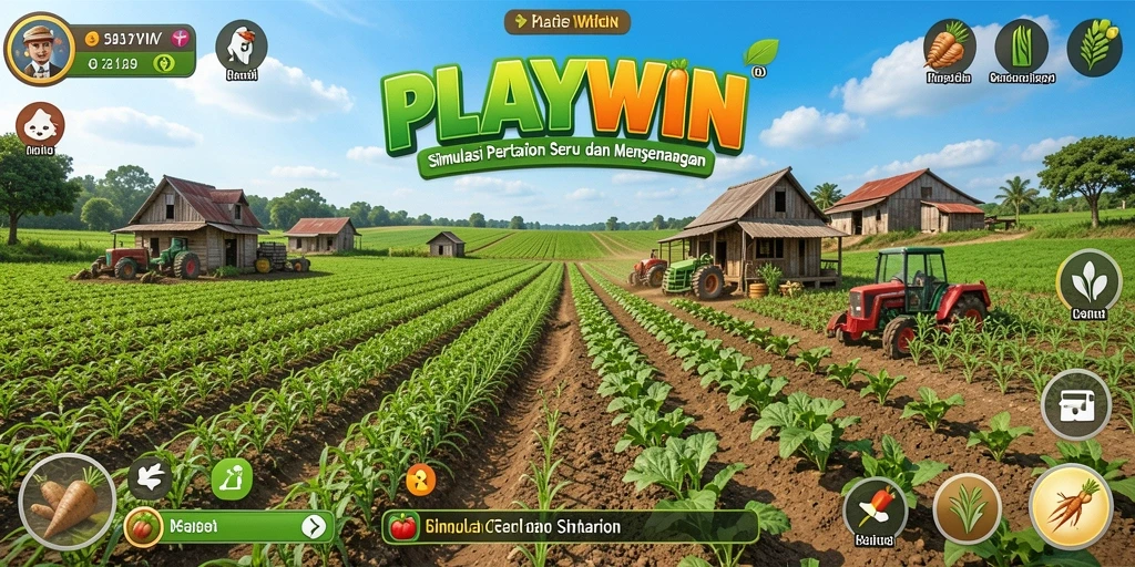 Tangkapan layar gameplay <strong>PLAYWIN</strong> menunjukkan momen seru bertani dan panen.