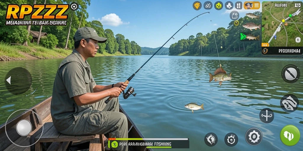 Screenshot gameplay RPZZZ yang menampilkan aksi memancing yang seru.