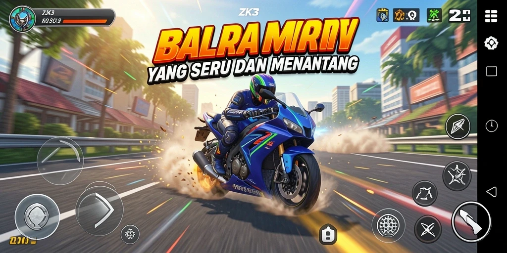 Screenshot gameplay ZK3 menampilkan aksi balapan motor yang mendebarkan.